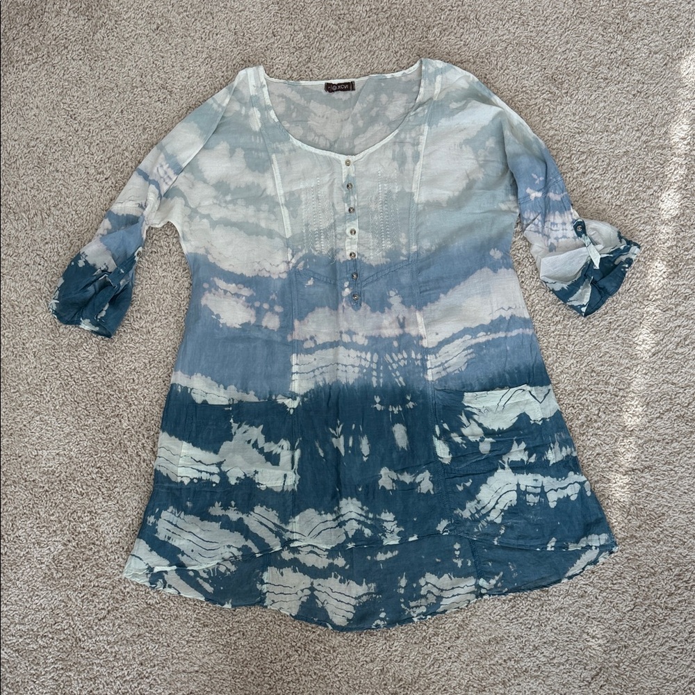 XCVI Blue and White Sheer Tie-Dye Tunic Top Cotton/Silk Large L
